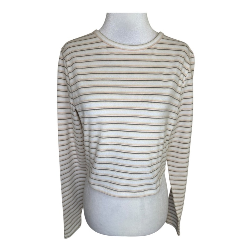 BP Striped‎ Cropped Long Sleeve Top Size Large Beige Brown Casual Basic Everyday